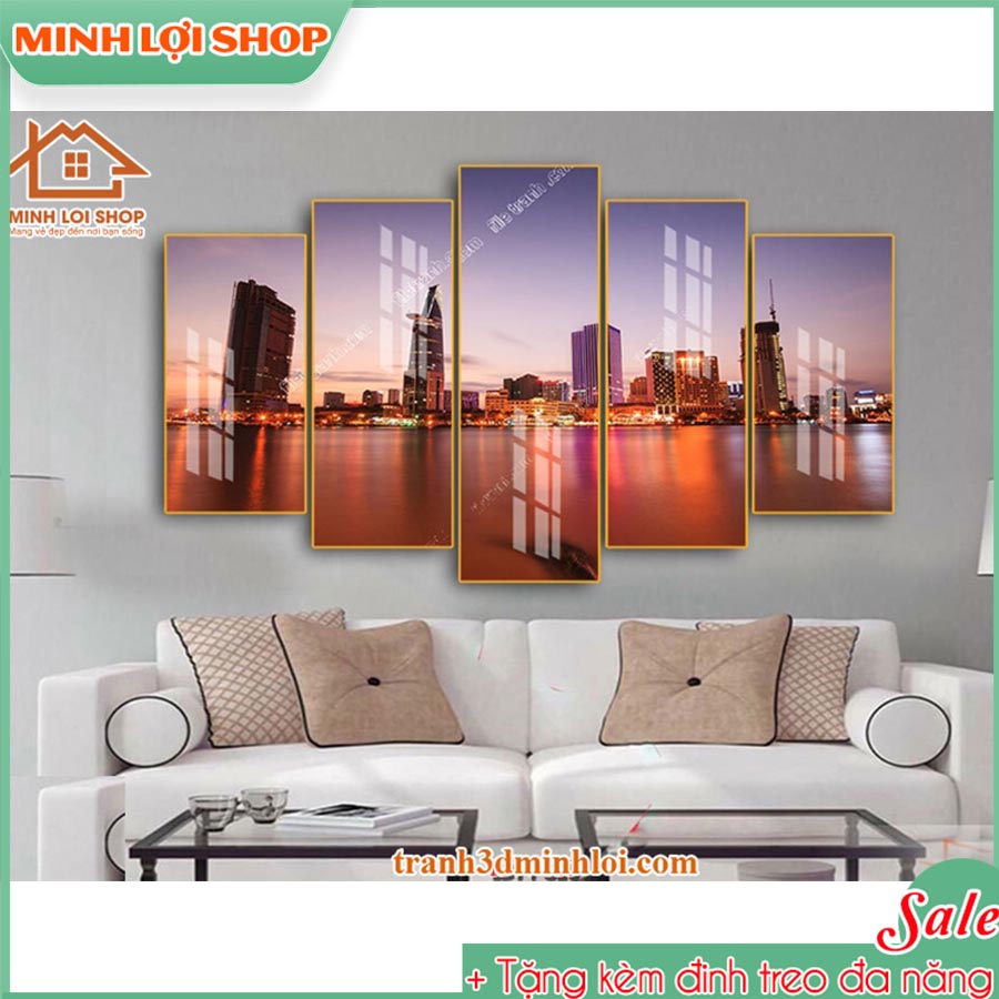 Tranh tráng gương pha lê PHONG CẢNH 5 tấm trang trí phòng khách hiện đại TẶNG KÈM ĐINH TREO 5T010