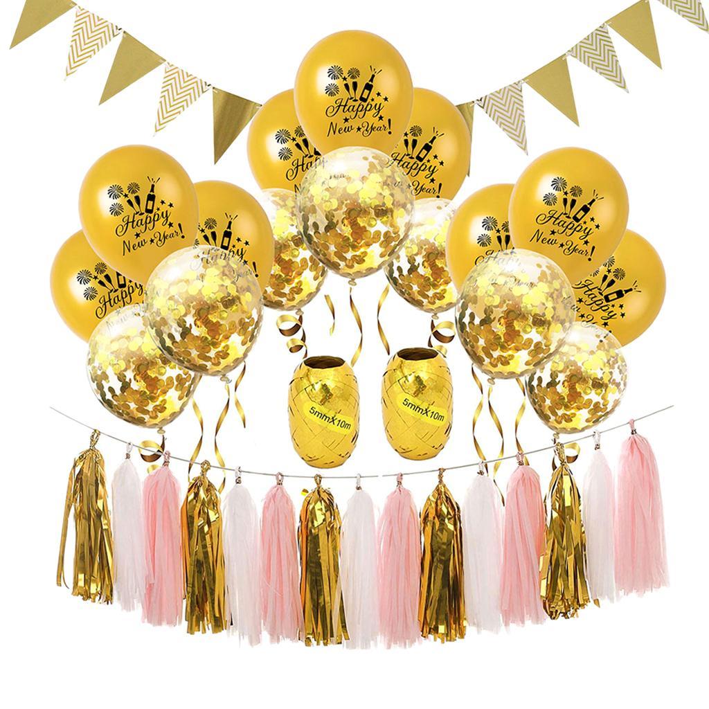 Happy New Year Balloon Tassel Bunting Banner Set Party Decoration Gold
