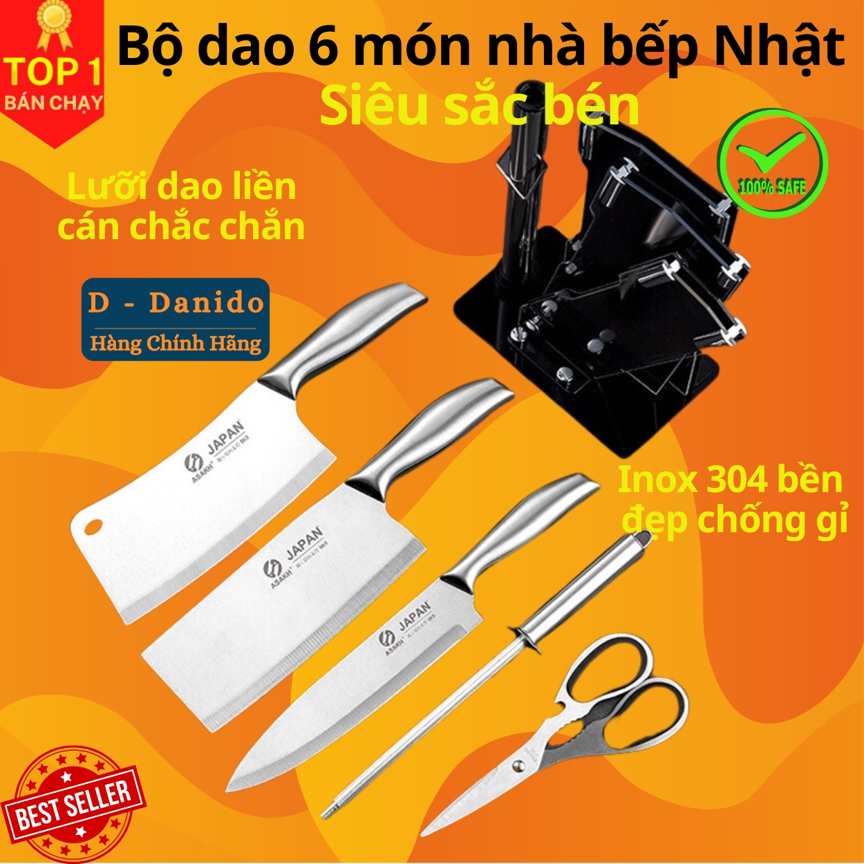 Bộ dao kéo Nhật inox 6 món đúc nguyên khối cao cấp sử dụng cho nhà bếp, kháng khuẩn tốt - tặng kèm bộ để dao thớt Chính hãng D Danido