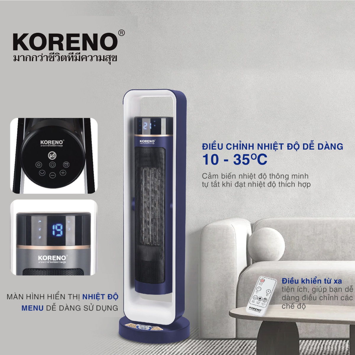 Quạt sưởi gốm Ceramic Koreno Thái Lan KN-557 công suất 2200W kèm khiển từ xa - Hàng chính hãng