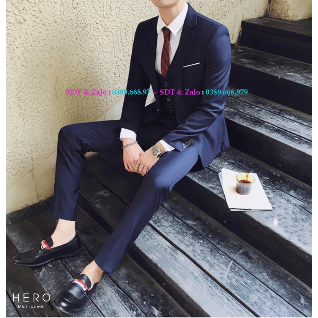 Bộ vest nam cao cấp Hàn Quốc màu xanh than, Bộ Suit Nam Thanh Niên Vải Sịn