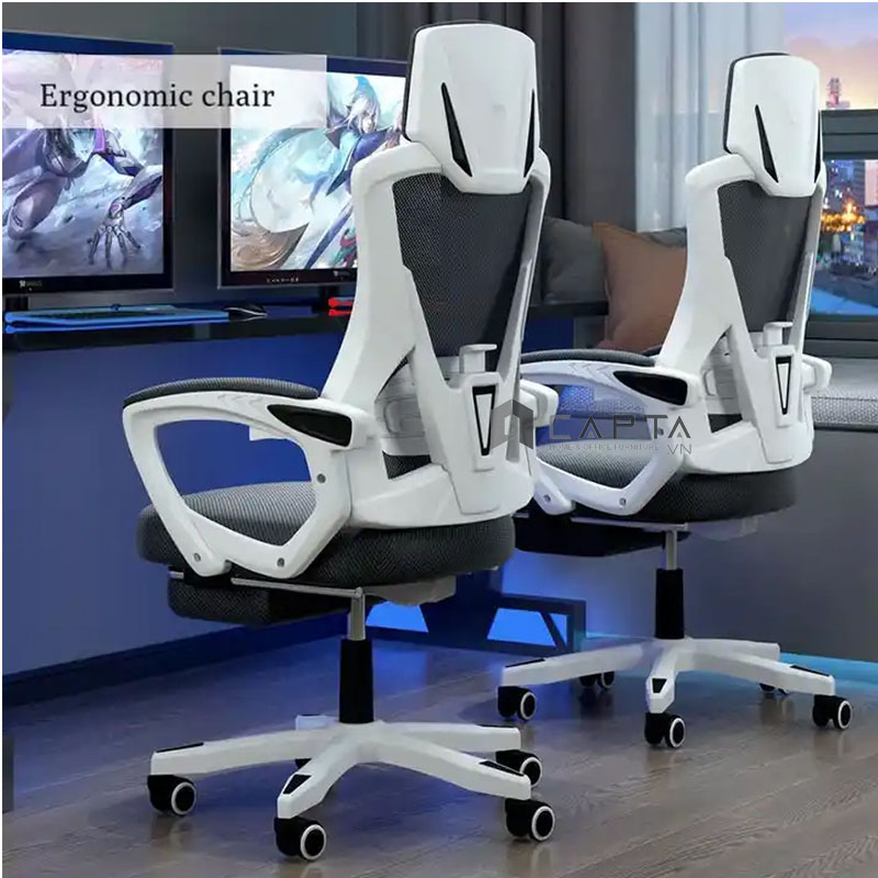 Ghế gaming khung nhựa trắng lưng lưới đen CR4312-2M Nội thất Capta Ghế làm việc tại nhà ngả lưng gác chân