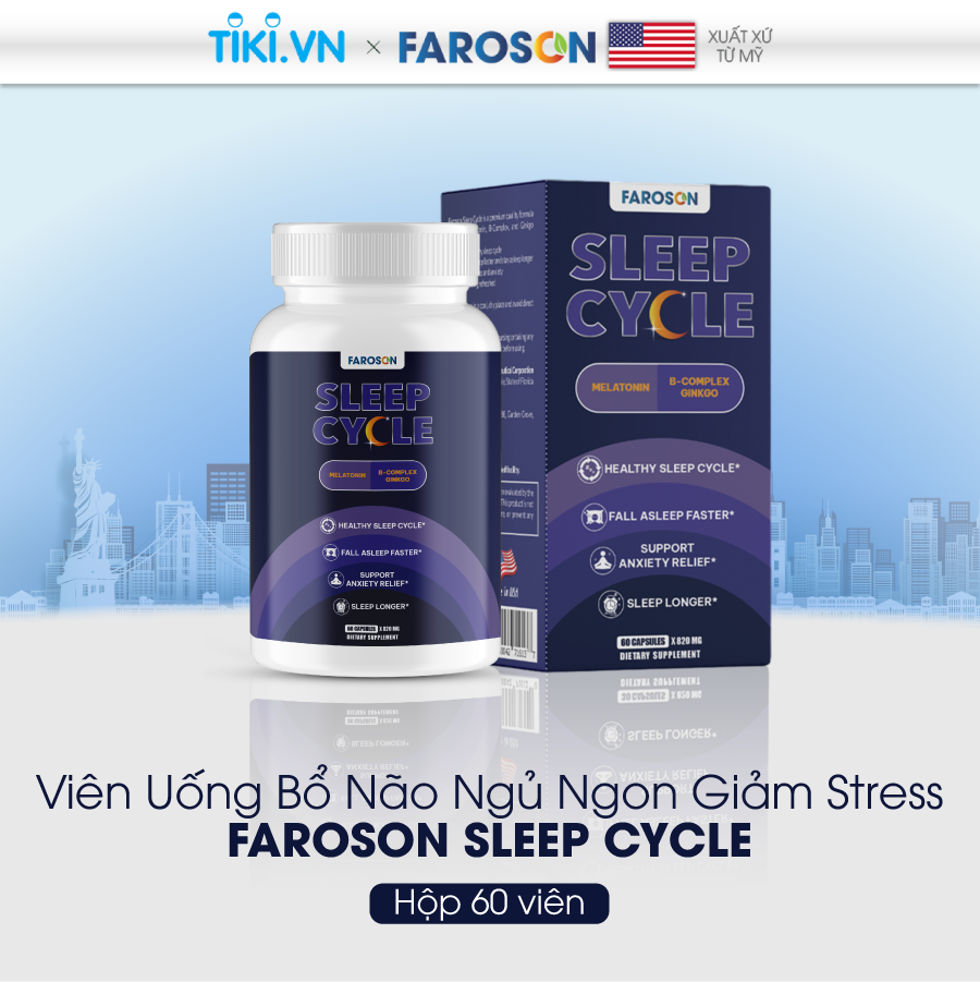 Viên uống bổ não Melatonin Vitamin B ngủ ngon giảm stress Faroson Sleep Cycle hộp 60 viên