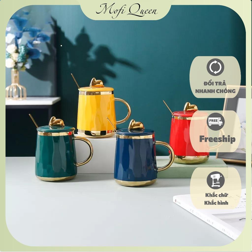 Ly uống nước, cafe giữ ấm, Cốc sứ uống nước, đơn giản kèm muỗng và nắp cùng màu sang trọng 350ml