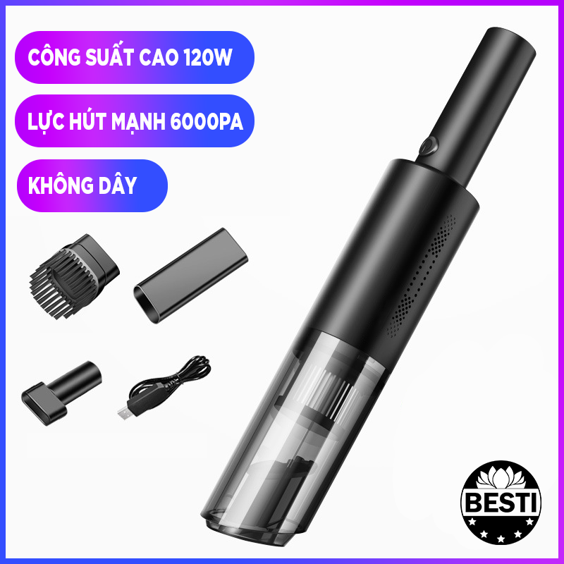 Máy Hút Bụi Cầm Tay Không Dây Besti, Máy Hút Bụi Xe Ô Tô, Máy Hút Bụi Gia Đình Cao Cấp, Lực Hút Cực Mạnh 6000PA, Dung Lượng Pin Lớn 4000mAh - Hàng Chính Hãng