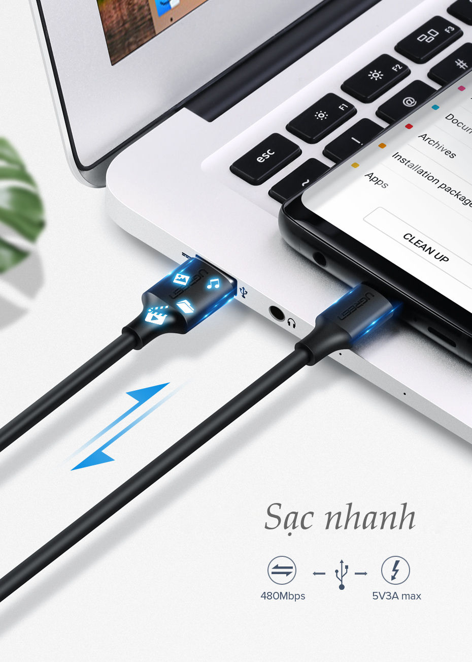 Cáp sạc nhanh Type-C - Hãng sản xuất UGREEN US287 - dòng tối đa 3A, độ dài 3m, siêu bền - Hàng nhập khẩu chính hãng