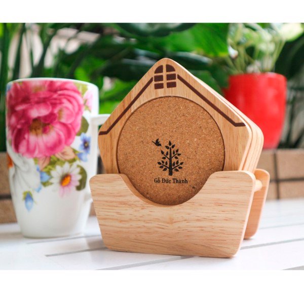 Miếng Lót Ly Cao Cấp Hình Ngôi Nhà, Có Miếng Bần Thấm Nuớc, Khay Đựng Ly Gỗ Trang Trí, Đế Lót Ly
