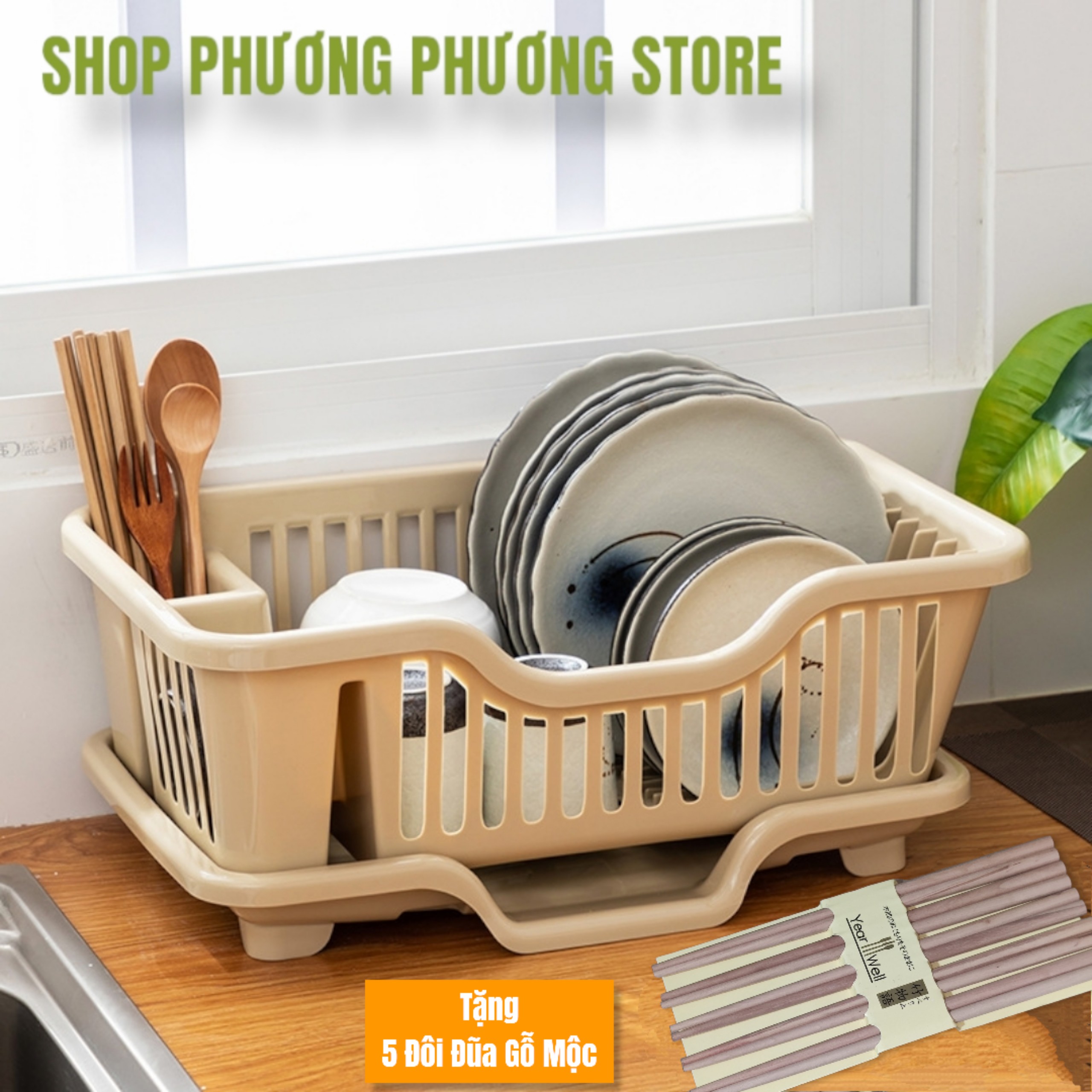 Khay Đựng Chén Bát, Đĩa, Thìa, Đũa Có Khay Thoát Nước ( Tặng Sét 5 Đôi Đũa Gỗ Mộc }