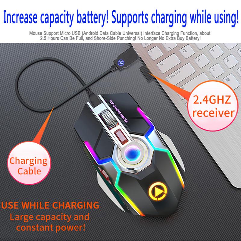 Im Lặng Sạc Chuột Chơi Game Không Dây Streamer RGB Nhiều Màu Sắc Đèn Có Thể Điều Chỉnh Backlit Nút USB 2.4G Chuột Cho Máy Tính Laptop