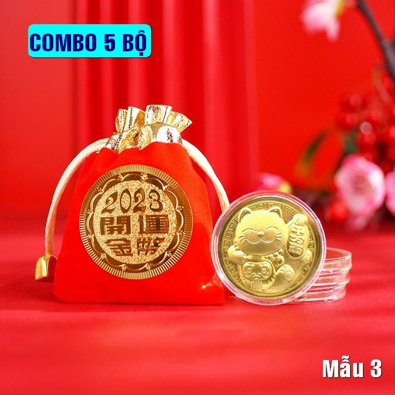 05 Đồng xu con Mèo kèm theo túi bảo quản cao cấp bằng nhung đỏ 2023, quà tặng may mắn - Mẫu 3, Tiền lì xì tết 2023 , NELI