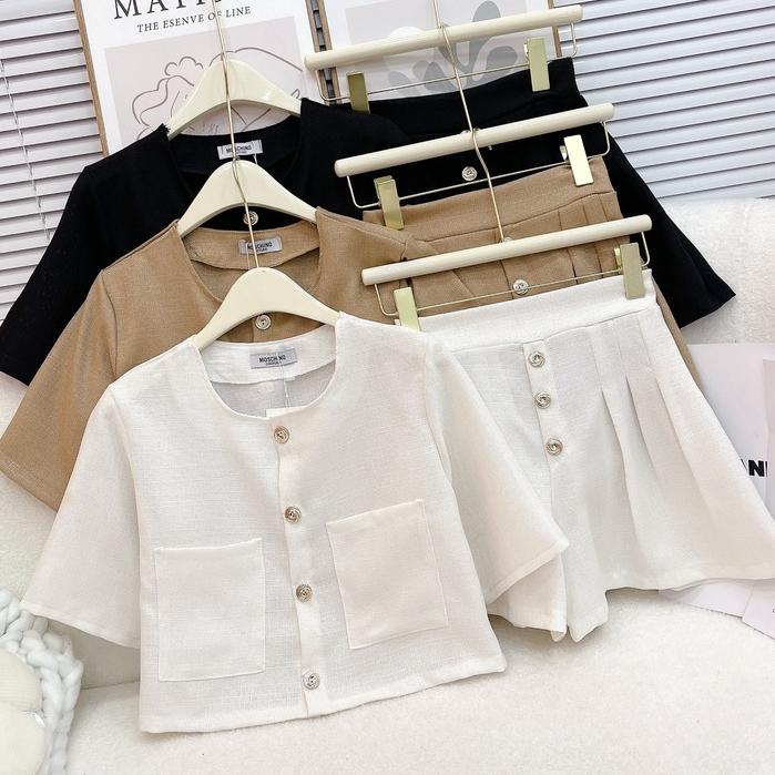 Sét áo croptop cổ tròn tay phồng mix quần ống xòe tiểu thư màu hồng/trắng/nâu dễ thương Cun Fashion -SB0145