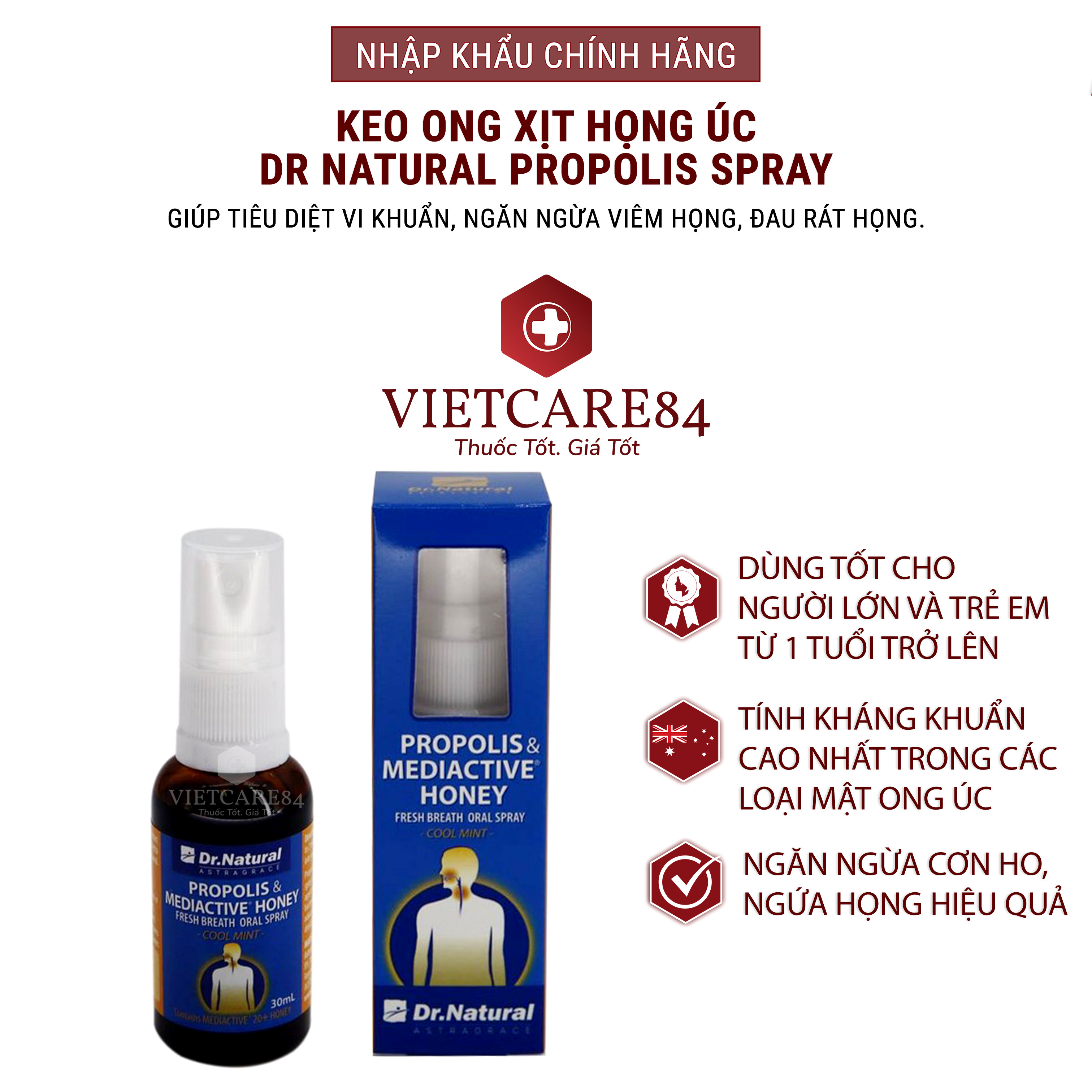 Keo ong xịt họng nhập khẩu chính hãng Úc PROPOLIS SPRAY (30 ml) giúp làm sạch khoang miệng, khử mùi hôi mang lại hơi thở thơm mát. Giúp ngăn ngừa vi khuẩn, ngăn ngừa viêm họng, đau rát họng