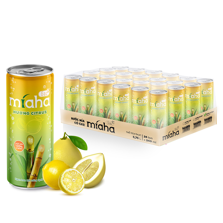 Thùng 24 lon Nước Mía có Gaz MiahaGaz vị Citrus 240ml/lon