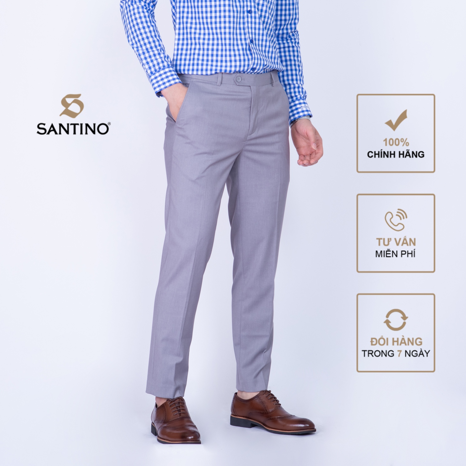 Quần âu nam dài trơn SANTINO, chất liệu Sợi tre dáng ôm slim fit công sở lịch lãm màu ghi Q065