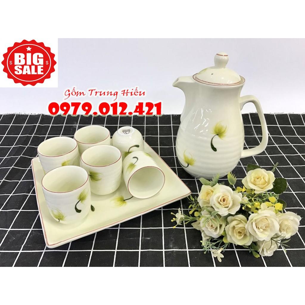 Bộ bình nước Bát Tràng men kem họa tiết vẽ thủ công dung tích 1.5 lít