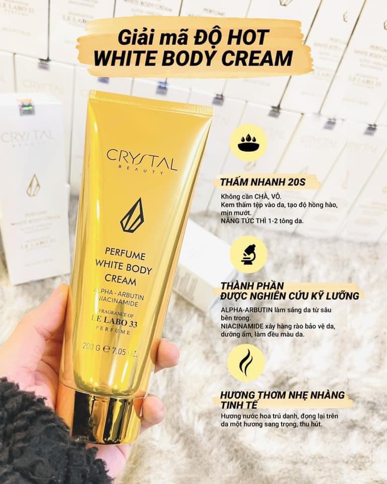 Dưỡng thể Body Crystal Perfume White Body Cream- giúp nâng tone da ngay tức thì, xóa mờ thâm sạm, giúp da sáng hồng, rạng rỡ và đều màu