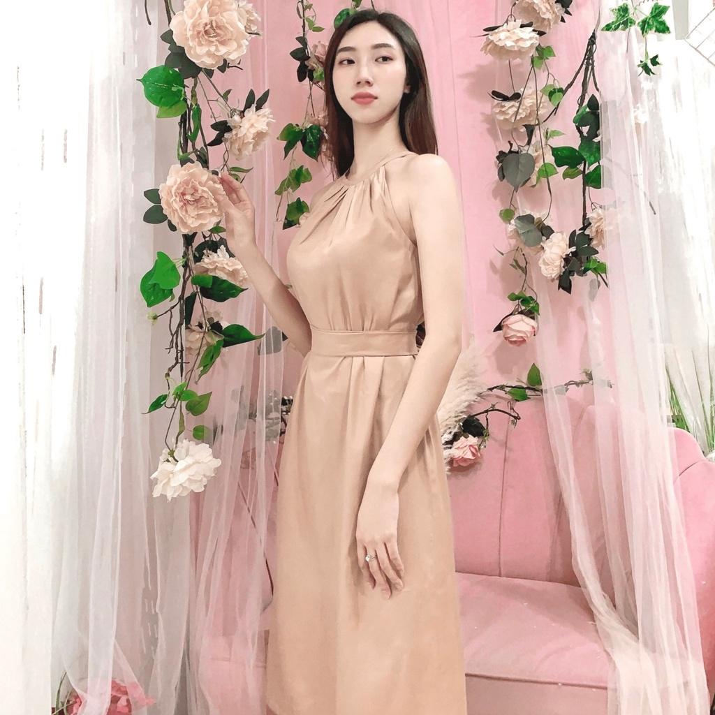 Đầm đi biển, váy nữ suông cổ yếm buộc eo Freesize