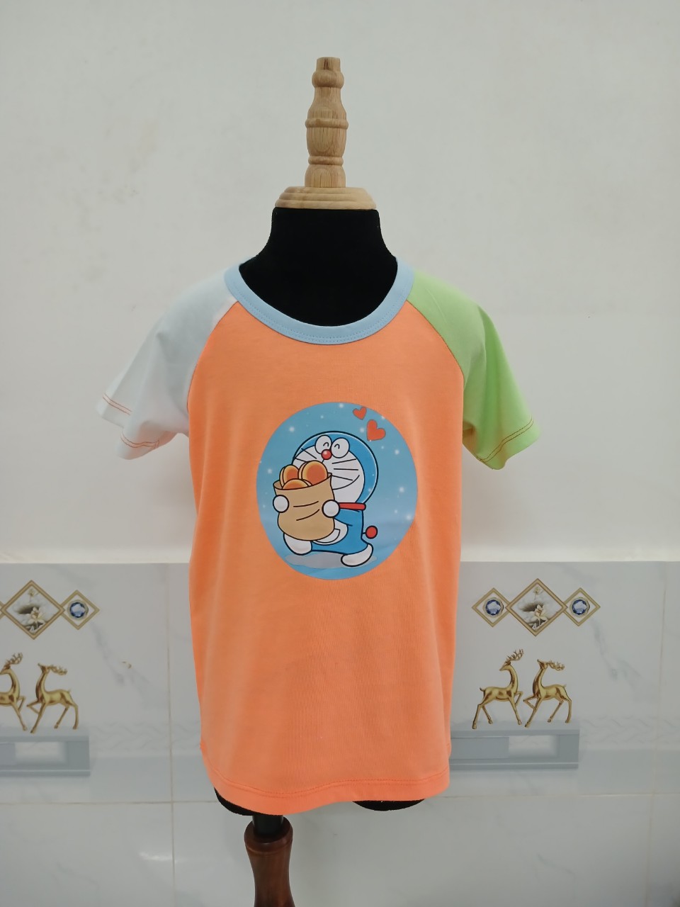 ÁO T - SHIRT UNISEX PHỐI TAY RAGLAN IN DOREMON CAM