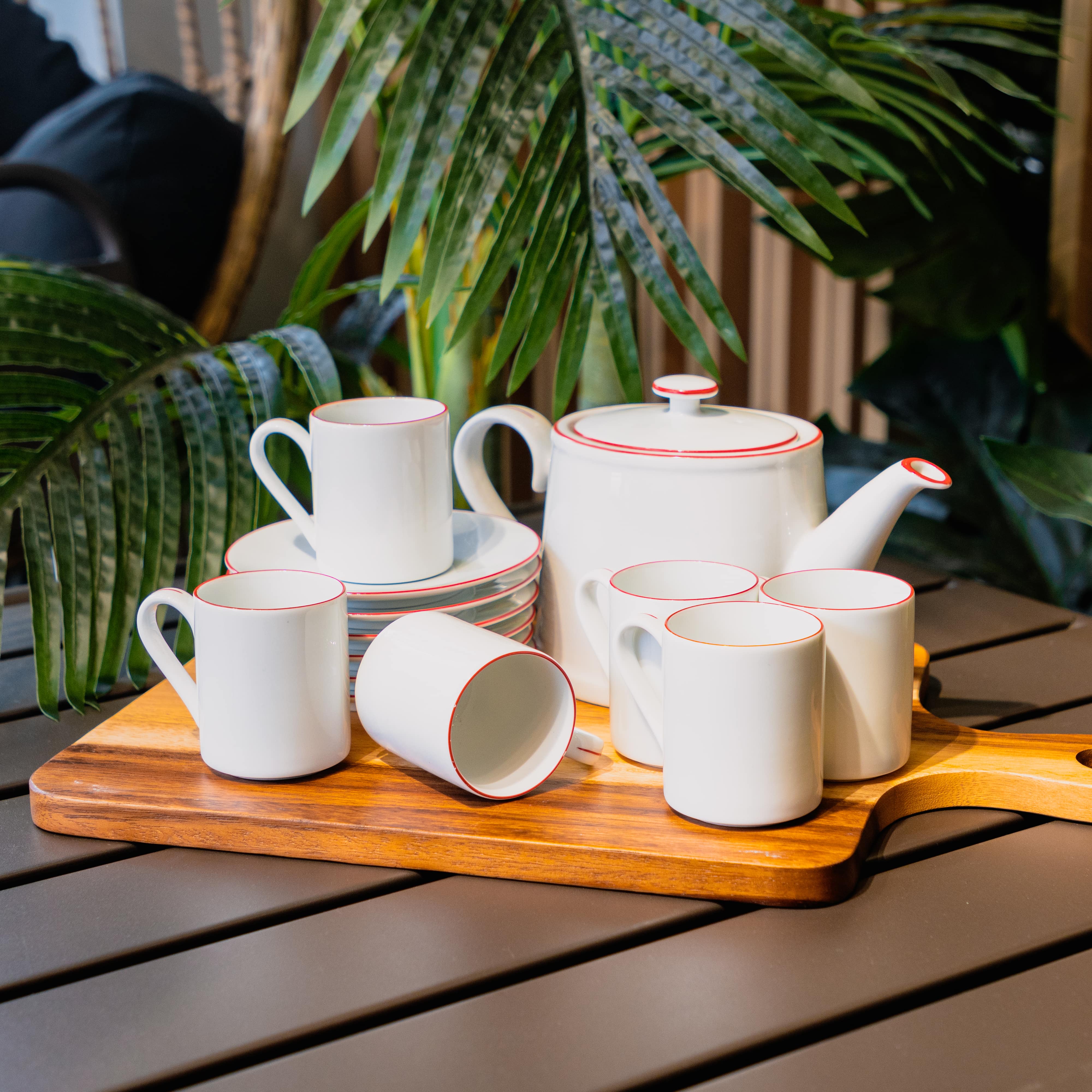 Bộ ấm chén kèm 6 tách uống trà bằng sành đẹp, cao cấp CHERRY màu trắng viền đỏ sang trọng | Index Living Mall - Phân phối độc quyền tại Việt Nam