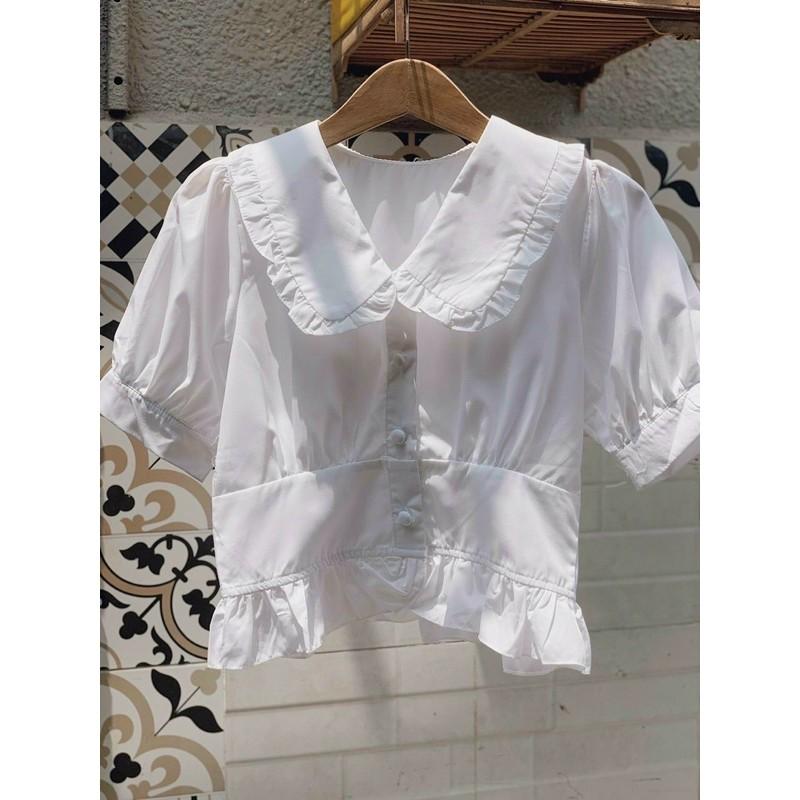 Áo kiểu croptop cổ bèo trắng tay ngắn phồng ôm eo nút bọc