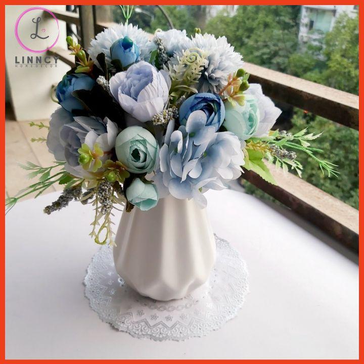 Bình hoa mix nhân tạo tông hồng, xanh cao 28cm trang trí nhà cửa, cửa hàng, văn phòng, lớp học