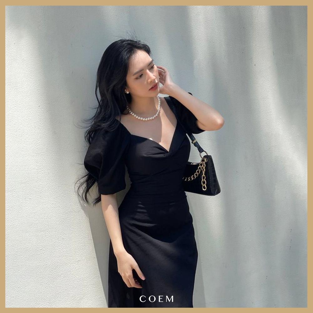Váy Đầm Nữ Dự Tiệc Dáng Dài Thiết Kế Cup Ngực Tay Phồng Cách Diệu COEM Đầm Tiểu Thư Chất Liệu Linen Phong Cách Cổ Điển