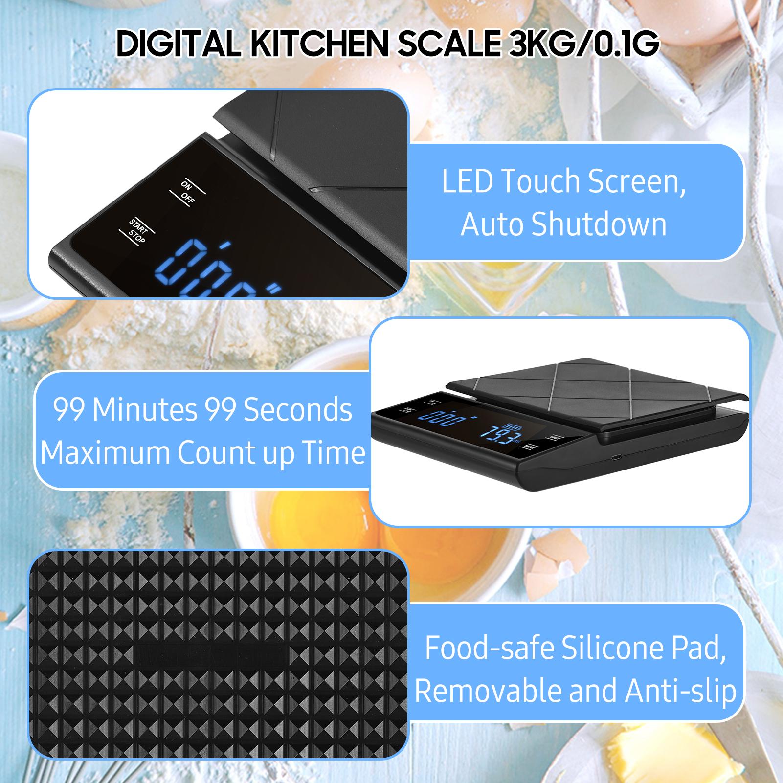 Cân nhà bếp cảm ứng đèn LED kỹ thuật số 3kg/ 0,1g Đếm thời gian chính xác cao Cân pha cà phê Cân thực phẩm điện tử di động có thay đổi đơn vị/bì để nấu nướng