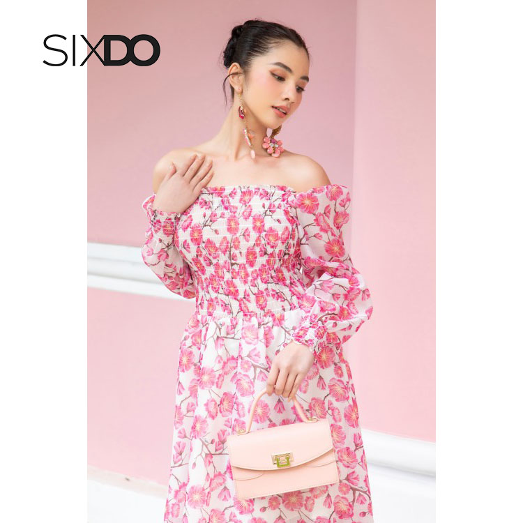 Đầm midi trễ vai họa tiết nữ SIXDO