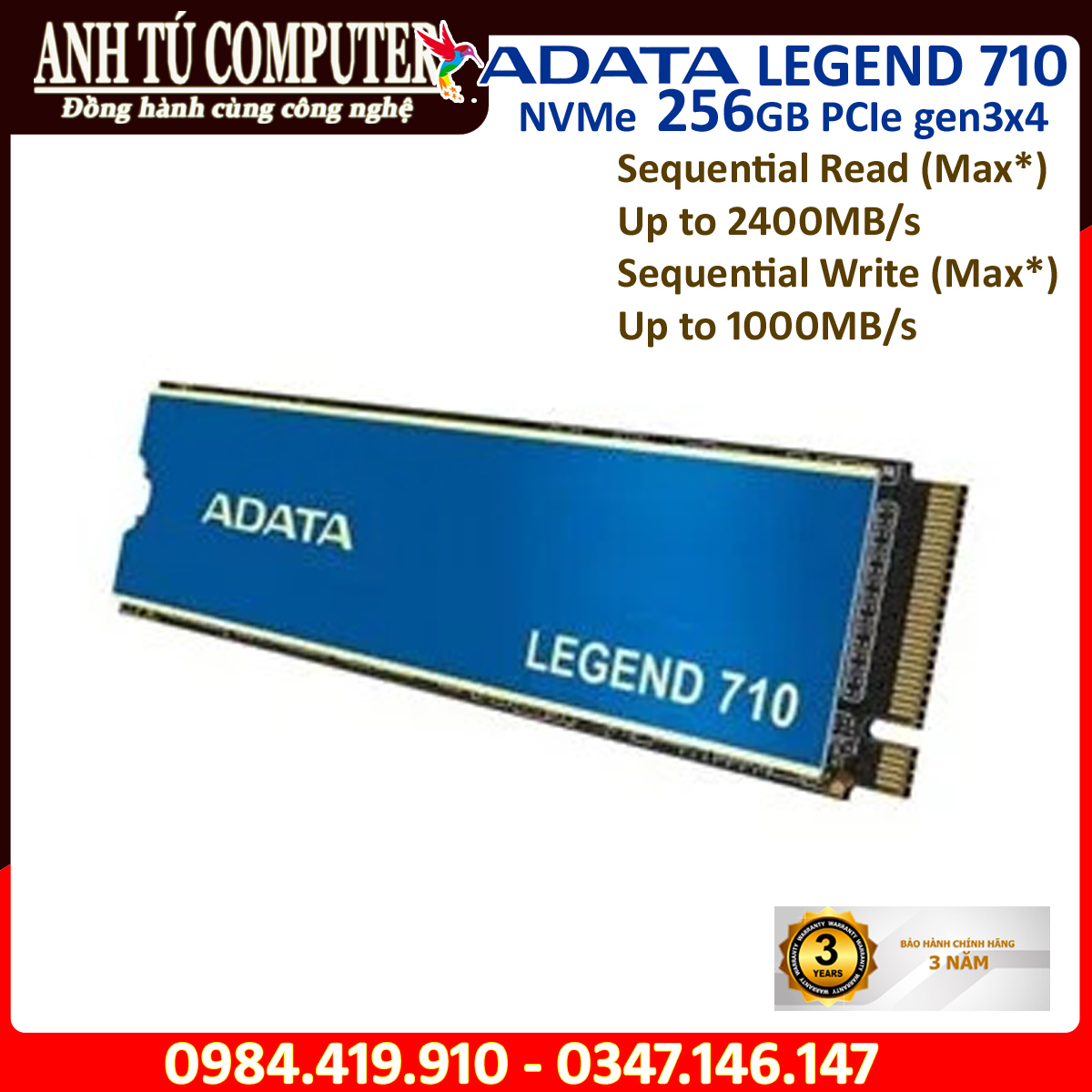 Ổ cứng SSD MVMe ADATA LEGEND 710 256GB PCIe Gen3x4 M.2 2280 hàng chính hãng