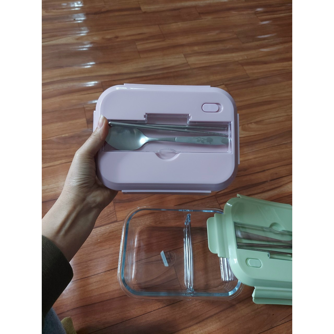 Hộp thực phẩm 2 ngăn - 3 ngăn thủy tinh kèm đũa, thìa