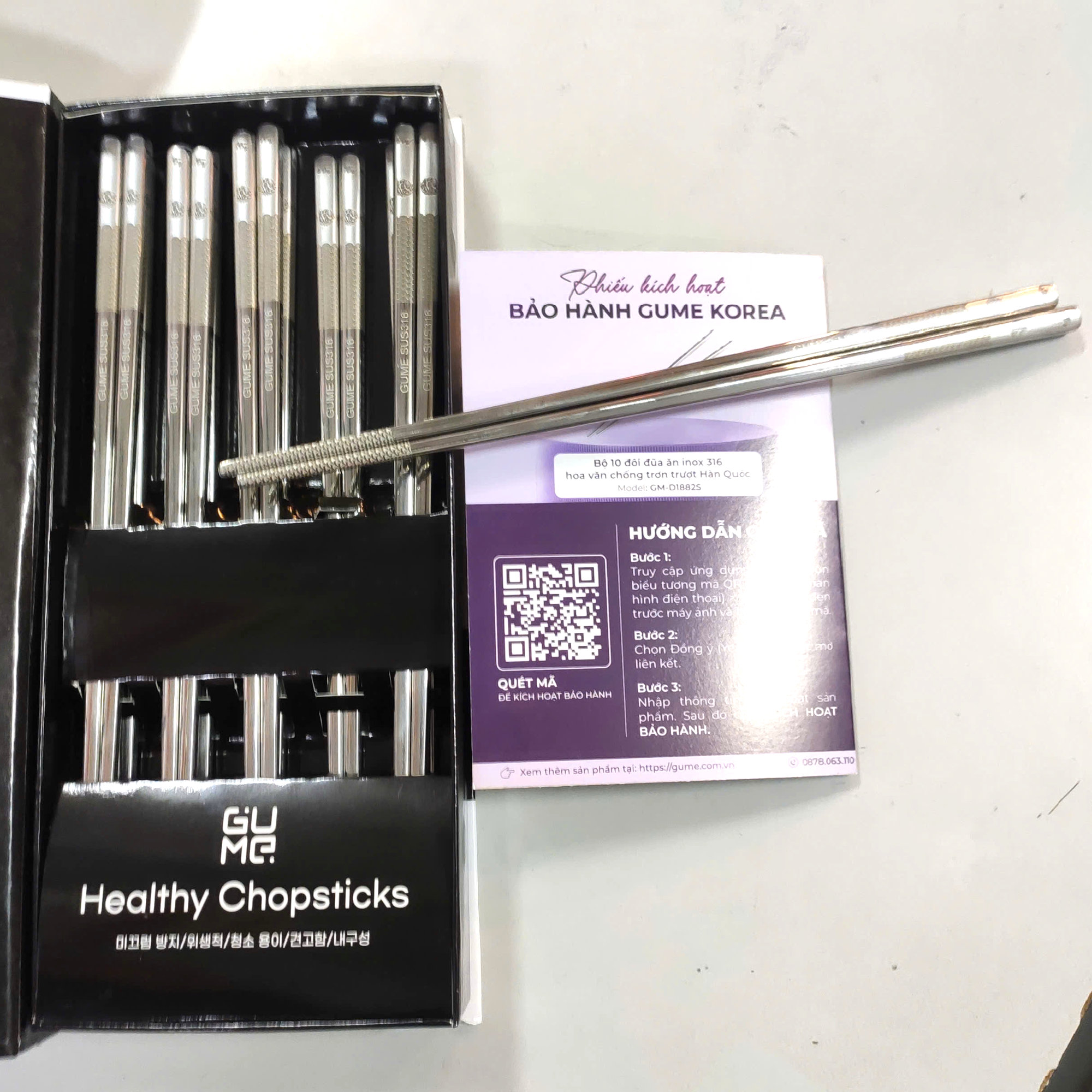 Bộ 10 đôi đũa ăn inox 316 hoa văn chống trơn trượt Gu Me Hàn Quốc GM-D1882 - An Toàn Cho Sức Khỏe