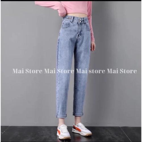 Quần bò nữ baggy 2 khuy phong cách Hàn Quốc hot 2022 Pink Apricot Shop
