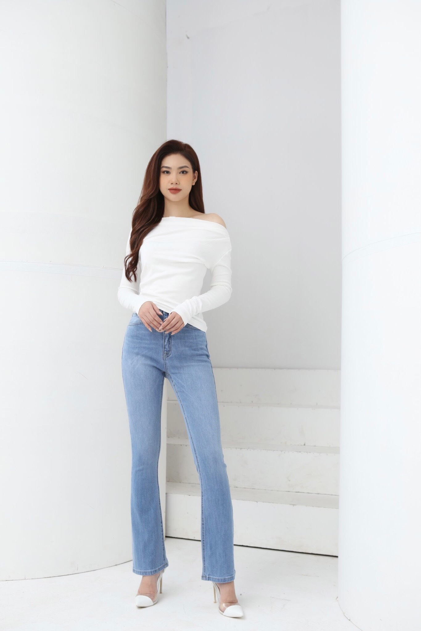 Quần Jean Nữ Ống Loe Lưng Cao Co Giãn Trơn Dài Quá Gót Gấu Thường CT Jeans