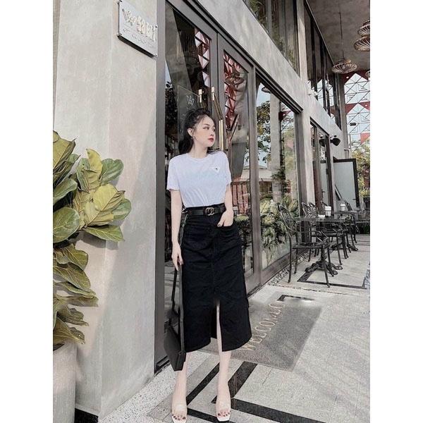 Váy jean xẻ trước co dãn 2 màu xanh đen