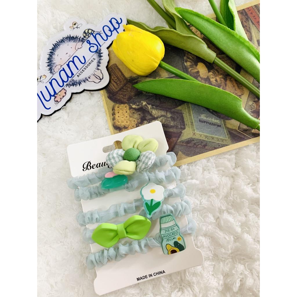 Set 5 - cột tóc crunchies vải màu xanh lá nhiều hoạt tiết dễ thương Nunam shop đồ cột tóc đẹp, cute, cao cấp
