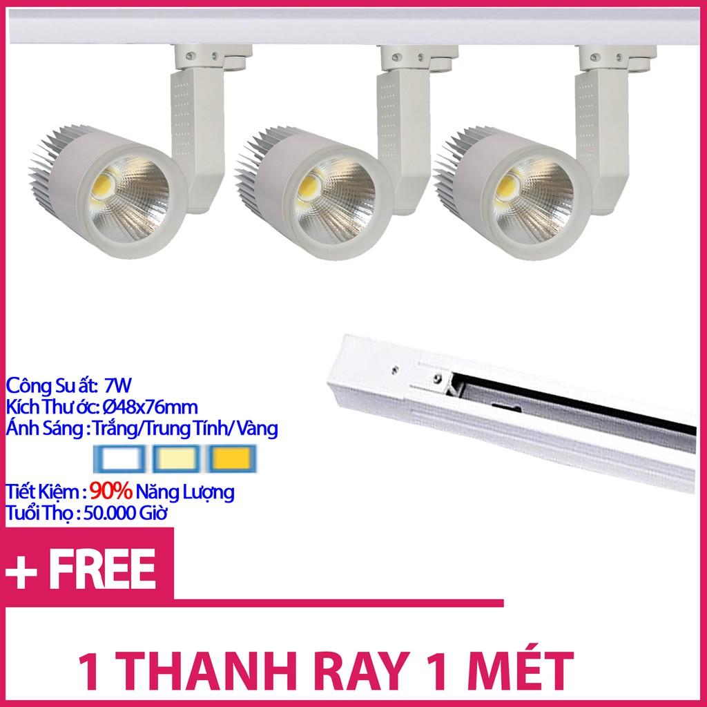 Bộ 3 Đèn Led Rọi Ray COB 7w Vỏ Trắng Và 1 Thanh Ray 1M