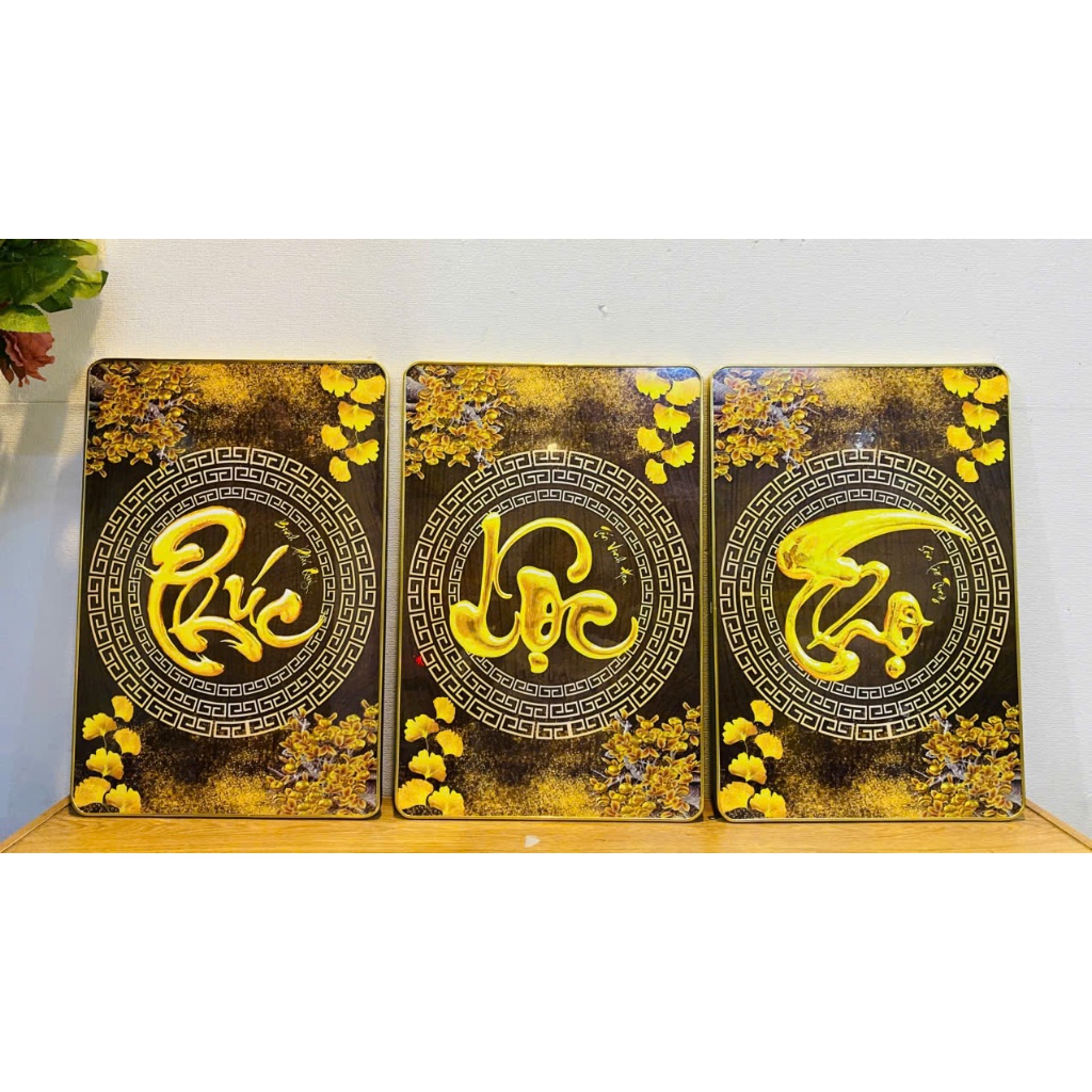 (ẢNH CHỤP THẬT)TRANH TREO TƯỜNG TRÁNG GƯƠNG PHÚC LỘC THỌ VÀNG TẶNG KÈM ĐINH 3 CHÂN