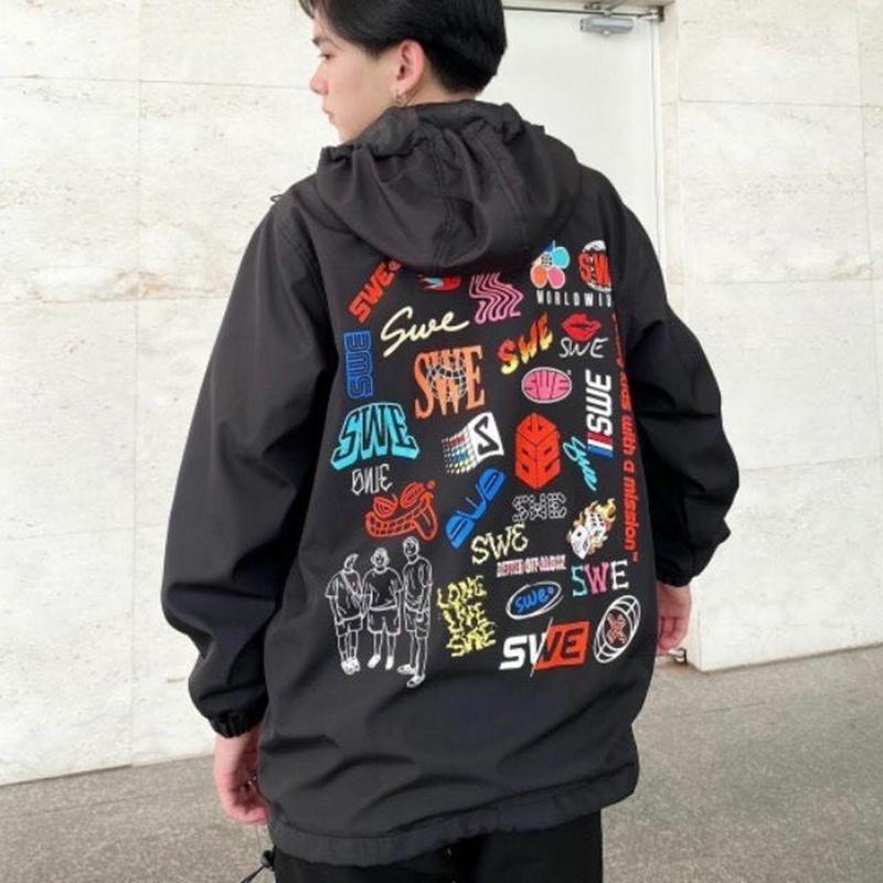 Hình ảnh Áo khoác bomber nữ nam unisex gió jacket dù 2 lớp cúc bấm form rộng local brand ulzzang phong cách hàn quốc đep SWE