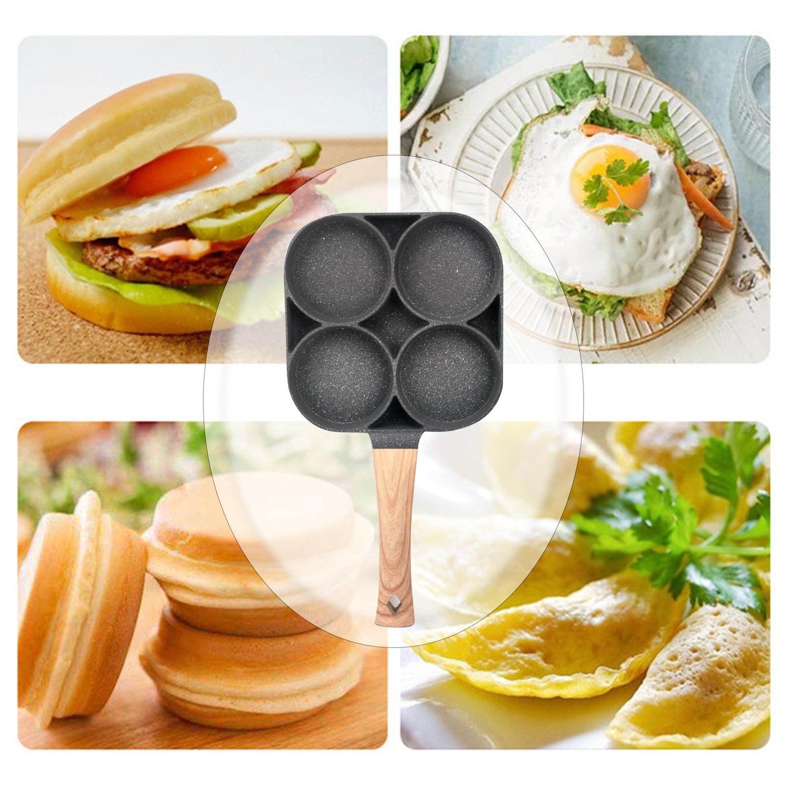 Chảo Chiên Rán Trứng Làm Bánh 4 Ngăn 4 Lỗ Buger Chống Dính, Tay Cầm Gỗ