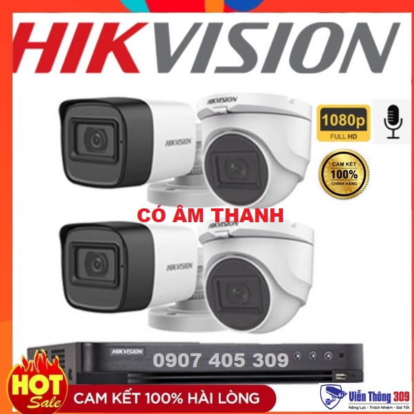 Bộ Camera Quan Sát Hikvision 2.0MP Full HD – Tích Hợp Micro Thu Âm – Trọn Bộ Camera 4 Kênh Đầy Đủ Phụ Kiện Lắp Đặt - Hàng chính hãng