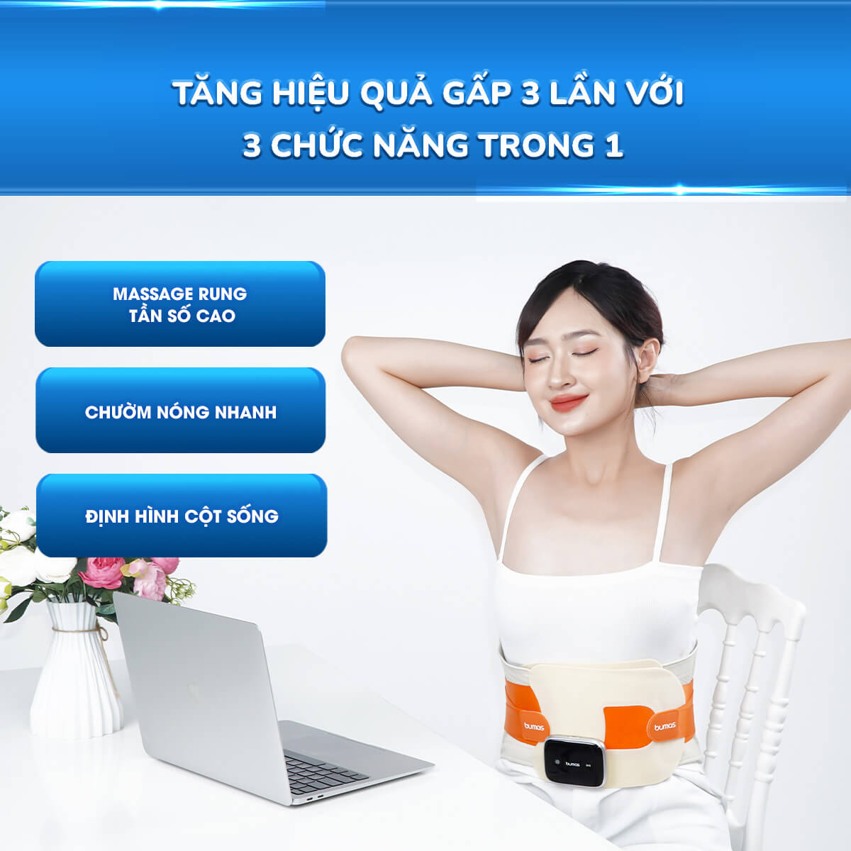 Máy Massage Lưng BUMAS M12 - Massage Rung Mô Phỏng Tay Người Kết Hợp Chườm Nóng, Đai Định Hình Cột Sống - Hàng chính hãng