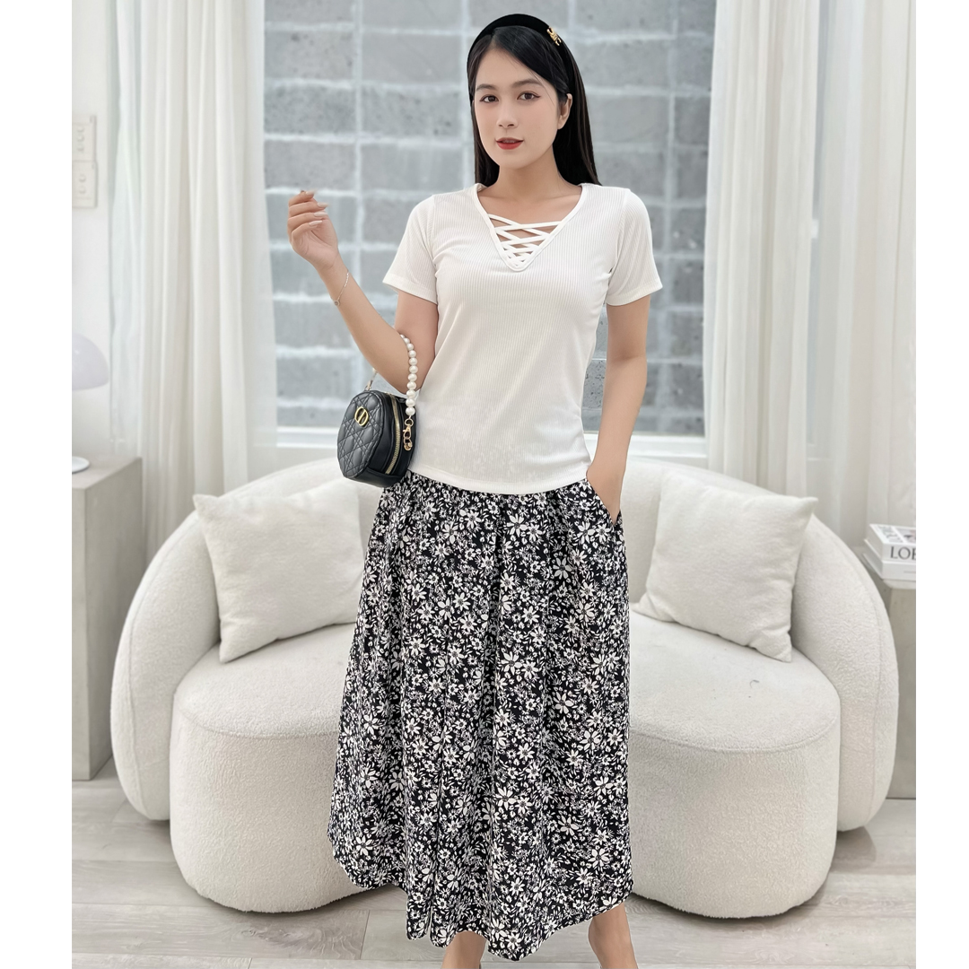 Set chân váy xòe hoa + áo linen thêu sang trọng S07 - Lady fashion - Khánh Linh Style