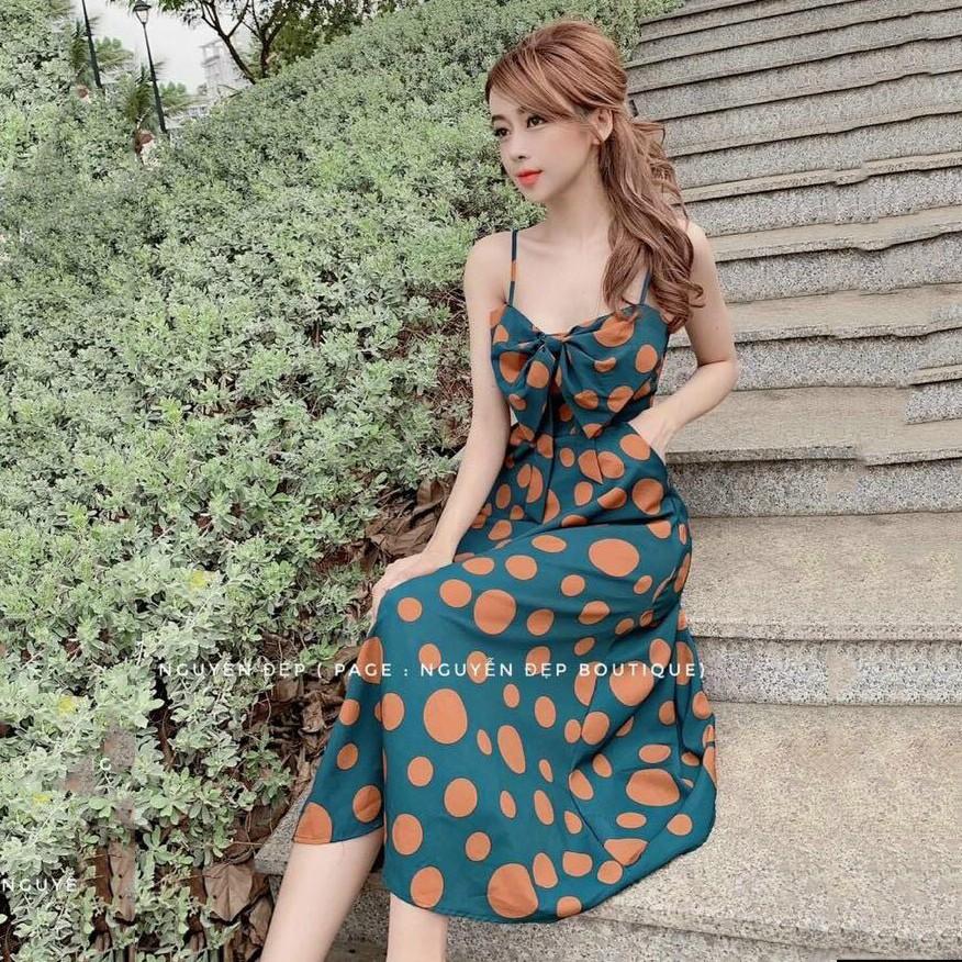 Đầm xòe nữ 2 dây chấm bi kết nơ ngực phù hợp đi dạo, đi dự tiệc