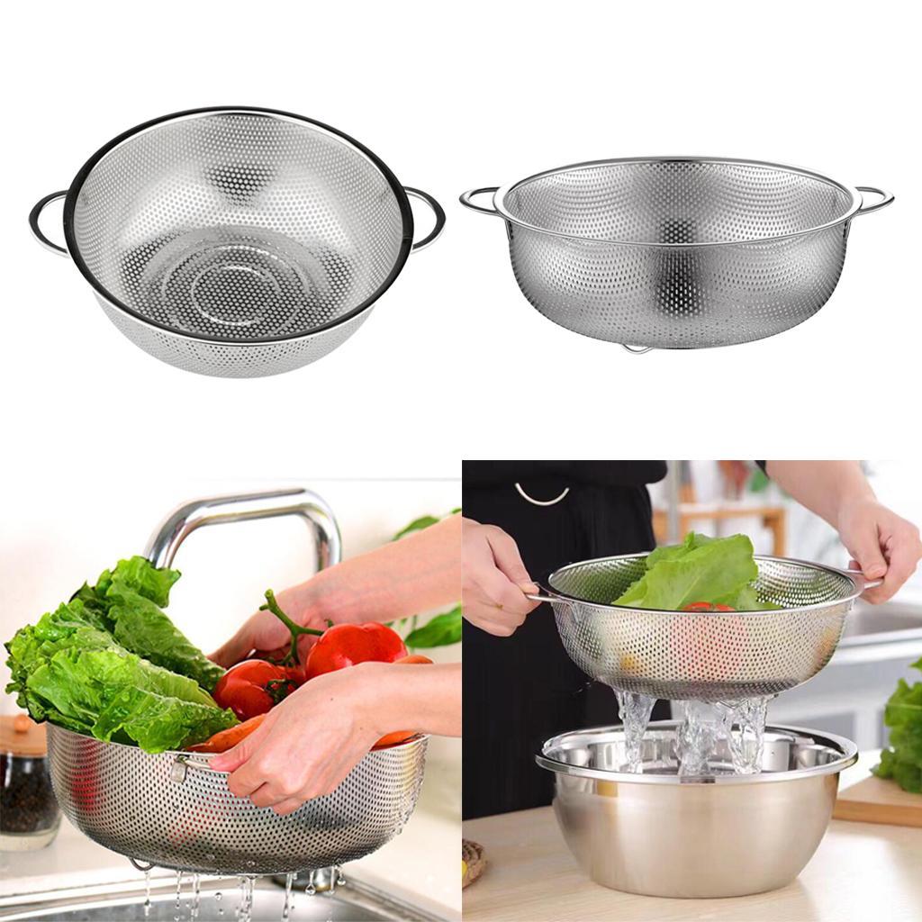 2Pcs Stainless Steel Colander Food Container Rice Sieve w/ Handles Kitchen