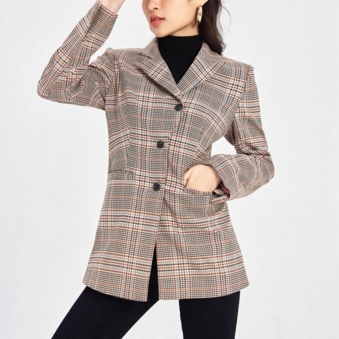 Áo khoác blazer nữ dáng suôn phong cách thanh lịch Ella Checked Blazer In Brown Pink Club Collection A2027