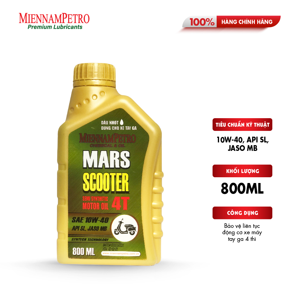 Dầu Nhớt MiennamPetro Mars Scooter 4T 10W-40 API SL JASO MB 800ml Bảo Vệ Liên Tục Động Cơ Xe Máy Tay Ga 4 Thì