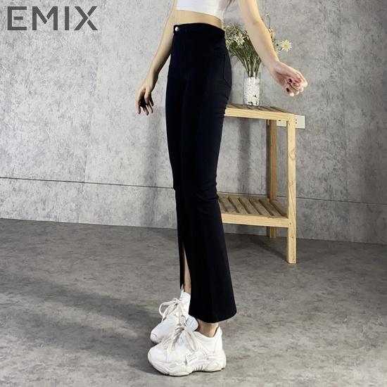 Quần jean giấy nữ cạp cao EMIX (màu đen), dáng dài 90cm, ống ôm và loe, xẻ trước, chất vải jean giấy co giãn 899