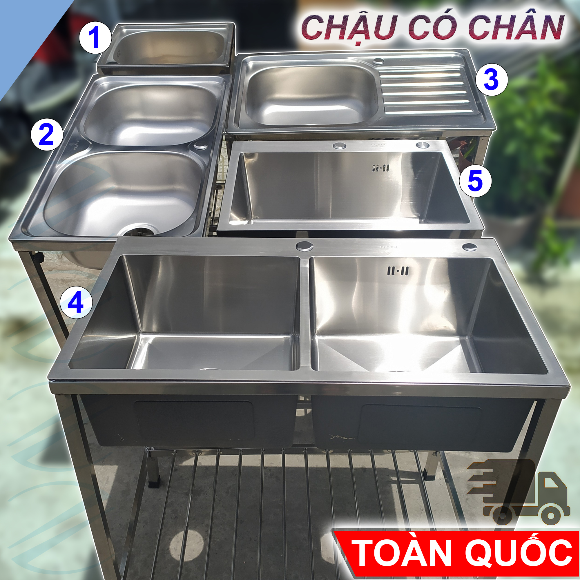 Bộ Chậu Rửa Chén Bát Có Chân Inox Kazta Nhiều Kích Thước - Gồm Chậu, kệ chân, bộ xả