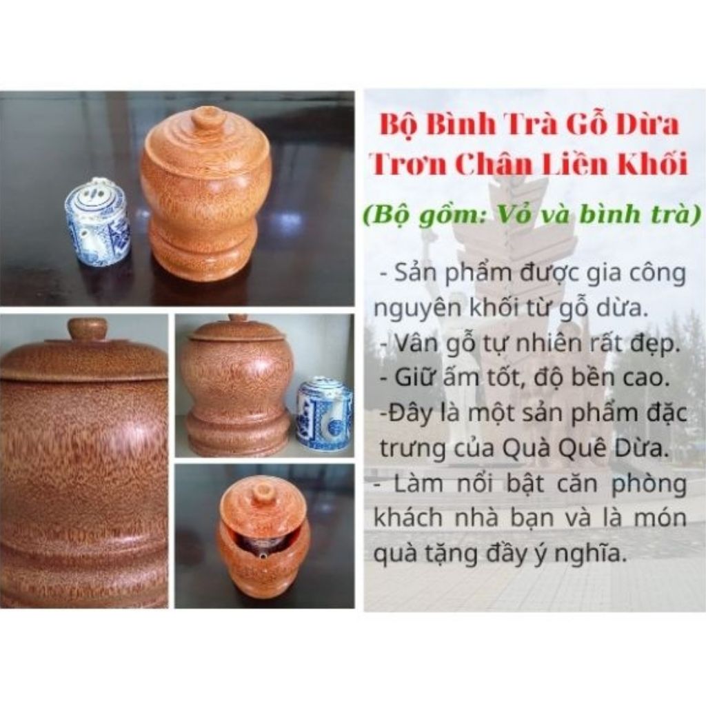 Bình Giữ Ấm Trà Gỗ Dừa Nguyên Khối Và Bình Trà 800 - 950ml - Sản Phẩm Được Sản Xuất Tại Bến Tre