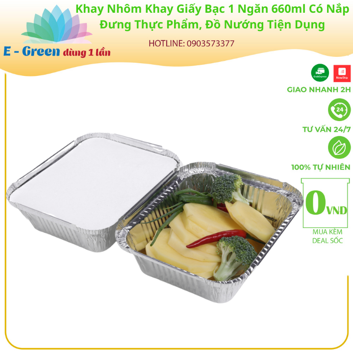 Combo 50 Khay Nhôm, Khay Giấy Bạc 1 Ngăn 660ml-680ml Có Nắp, Đựng Thực Phẩm, Đồ Nướng,Tiện Lợi - Egreen Dùng 1 Lần